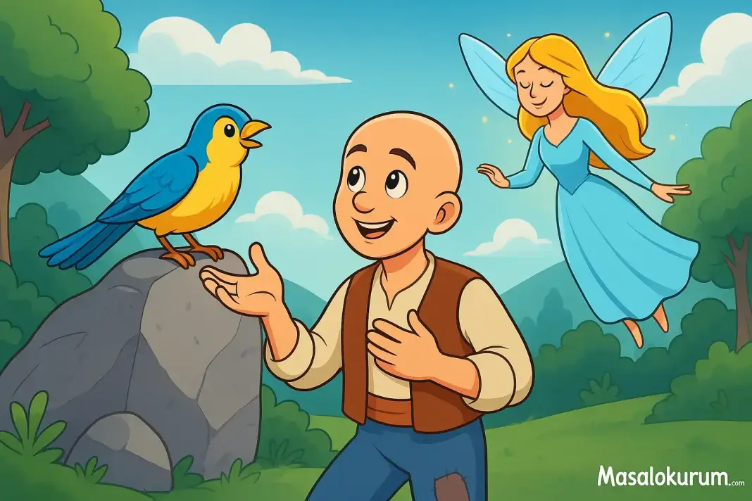 Keloğlan ve Üç Sır Dolu Görev Masal Görseli Ormanda bir taş üzerinde duran mavi kuş, yanında durup gülümseyen Keloğlan ve arkasında uçan peri.