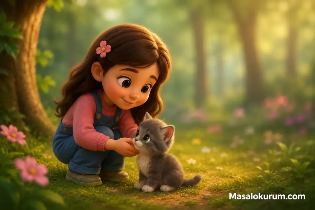 Elif ve Ormanın Dostları Masalı Elif küçük kediye sevgiyle yardım ediyor