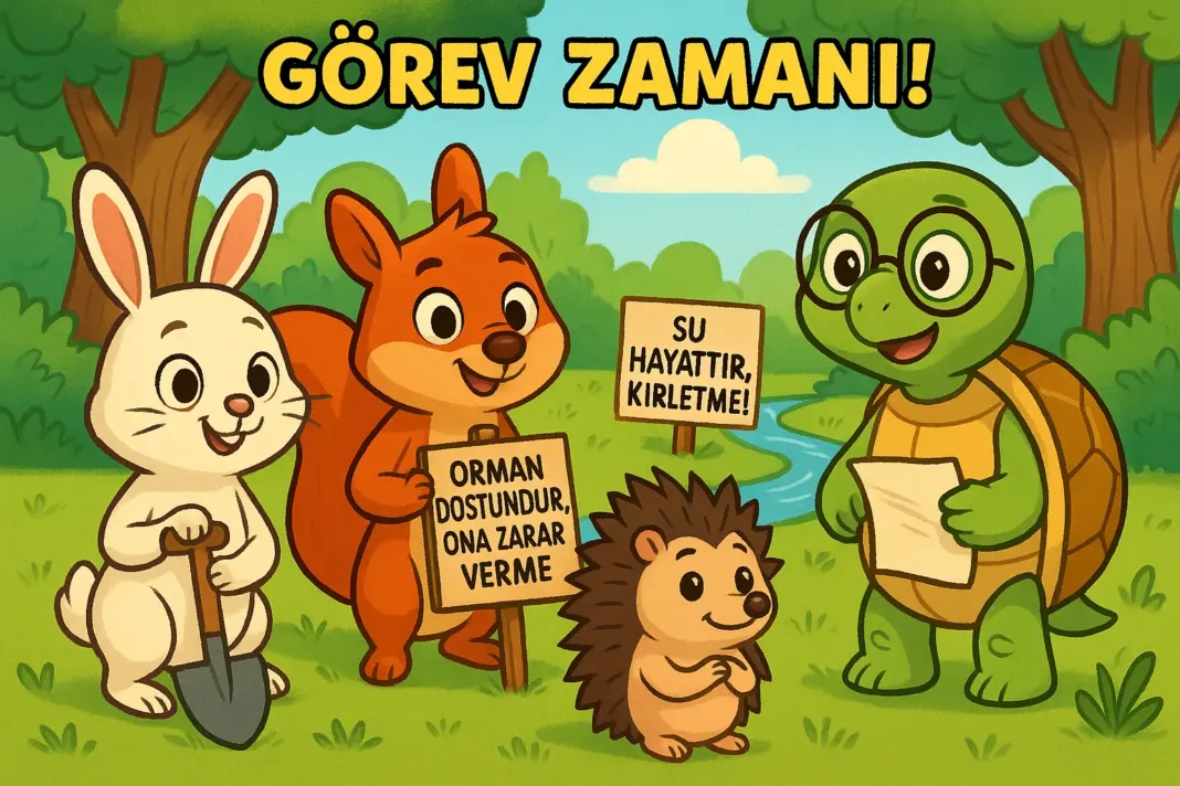 Bilge Orman Kahramanları: Doğayı Koruyan Dört Arkadaş Ormanda çevre temizliği yapan dört sevimli hayvan: tavşan, sincap, kirpi ve kaplumbağa