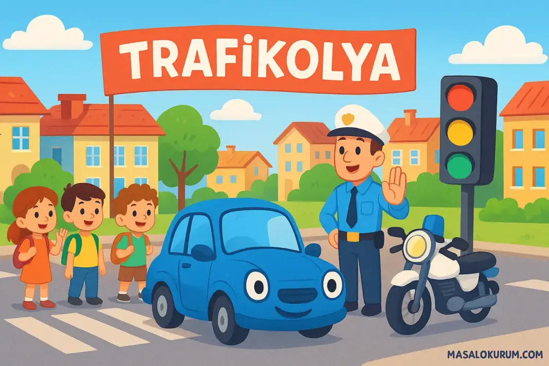 Görselde sevimli mavi bir araba, bir trafik polisi ve çocuklar yer alıyor.