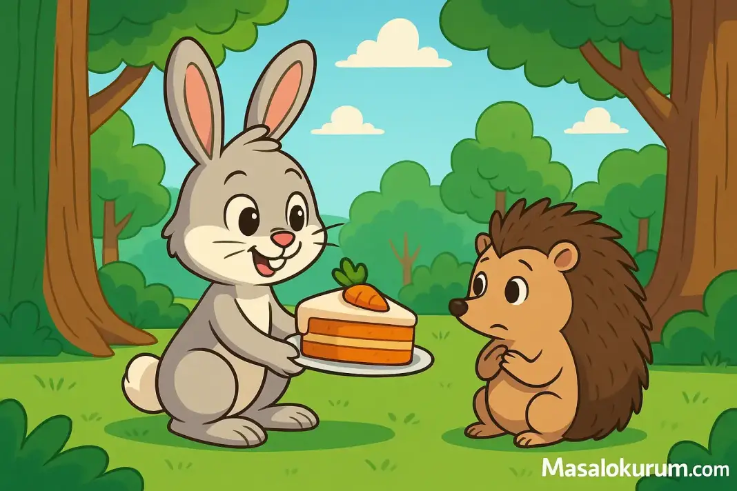 Altın Kalpli Tavşan Minnoş adlı tavşan, ormanda Kirpi Kiki'ye havuçlu kek uzatıyor. Arkada ağaçlar ve mavi gökyüzü yer alıyor.