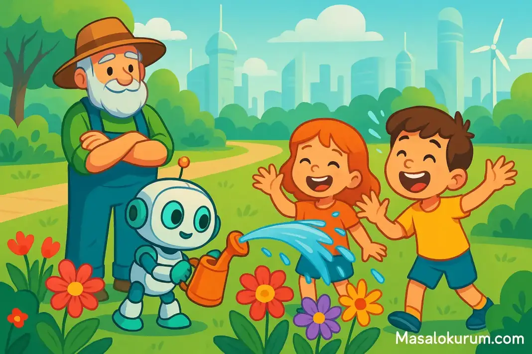 Minik Robotun Hatası – Çocuklar İçin Eğitici Masal Görseli Minik robot çocukları yanlışlıkla sularken gülümseyen çocuklar ve bahçıvanın olduğu eğitici masal sahnesi.