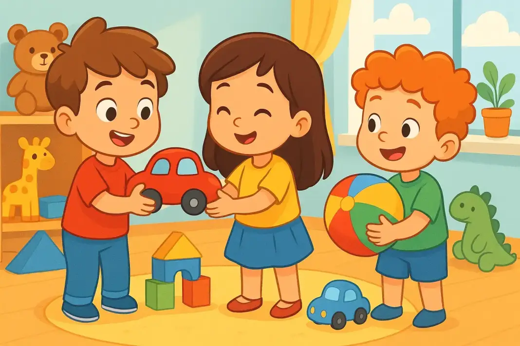 Paylaşmanın Gücü Masalı Odada oyuncaklarla oynayan mutlu çocuklar. Masal sahnesi.
