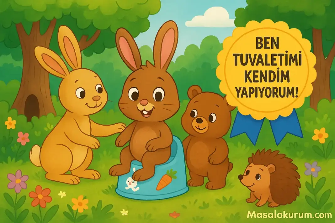 Pufi’nin Tuvalet Macerası Masal Oku Pufi adlı sevimli tavşan, mavi lazımlıkta otururken arkadaşlarıyla ormanda tuvalet eğitimini kutluyor.