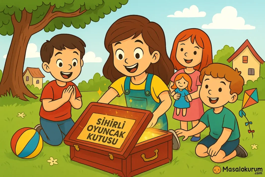 Çocuklar sihirli oyuncak kutusunu açarak mutlu oluyor.