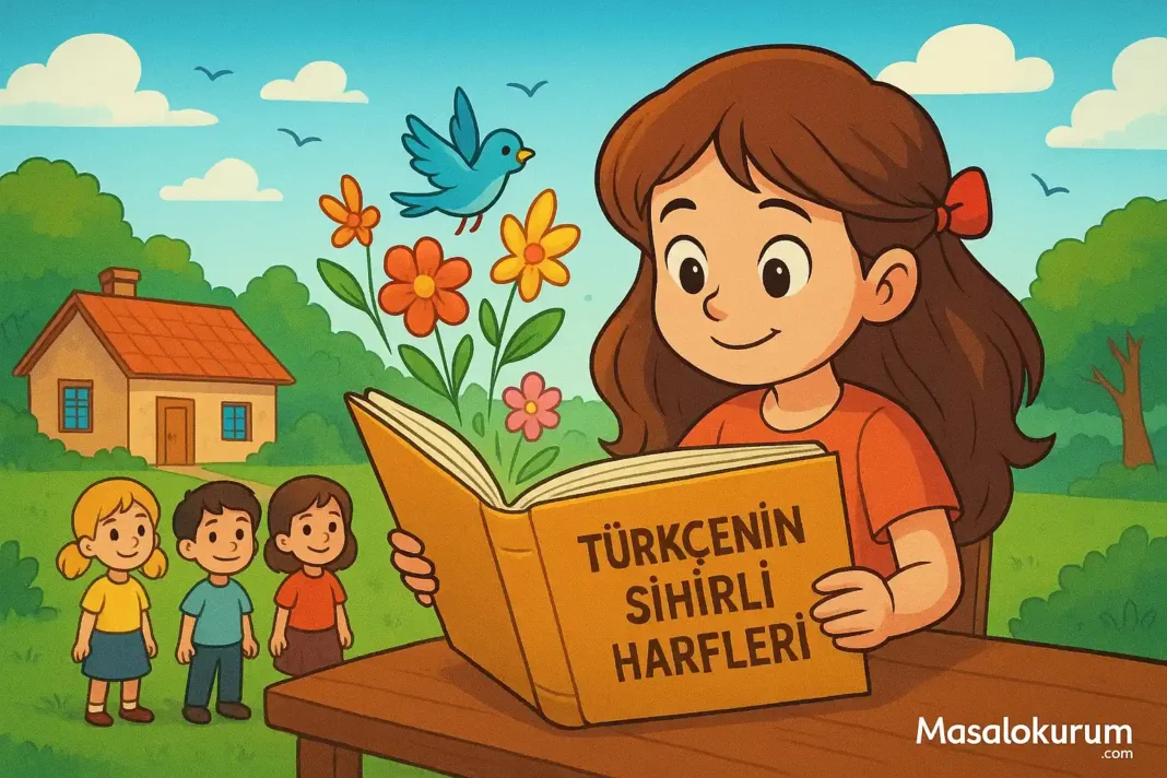 Küçük kız Irmak, sihirli Türkçe kitabını açarken rengârenk çiçekler ve mavi bir kuş ortaya çıkıyor.
