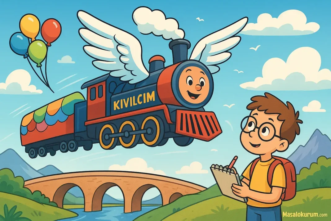 Kanatlı masal treni Kıvılcım gökyüzünde uçarken Minik Bilgin not alıyor.