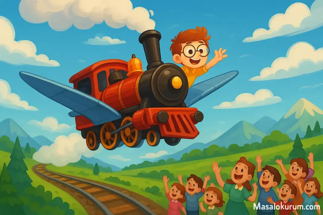Uçmak İsteyen Tren Masalı Kanatlı masal treni Kıvılcım, Minik Bilgin ile gökyüzünde uçuyor.