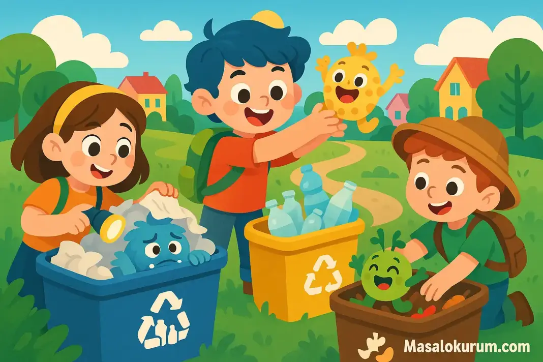 Geri Dönüşüm Diyarında Macera Masalı Renkli, neşeli ve çevre bilinci aşılayan modern masal illüstrasyonu.