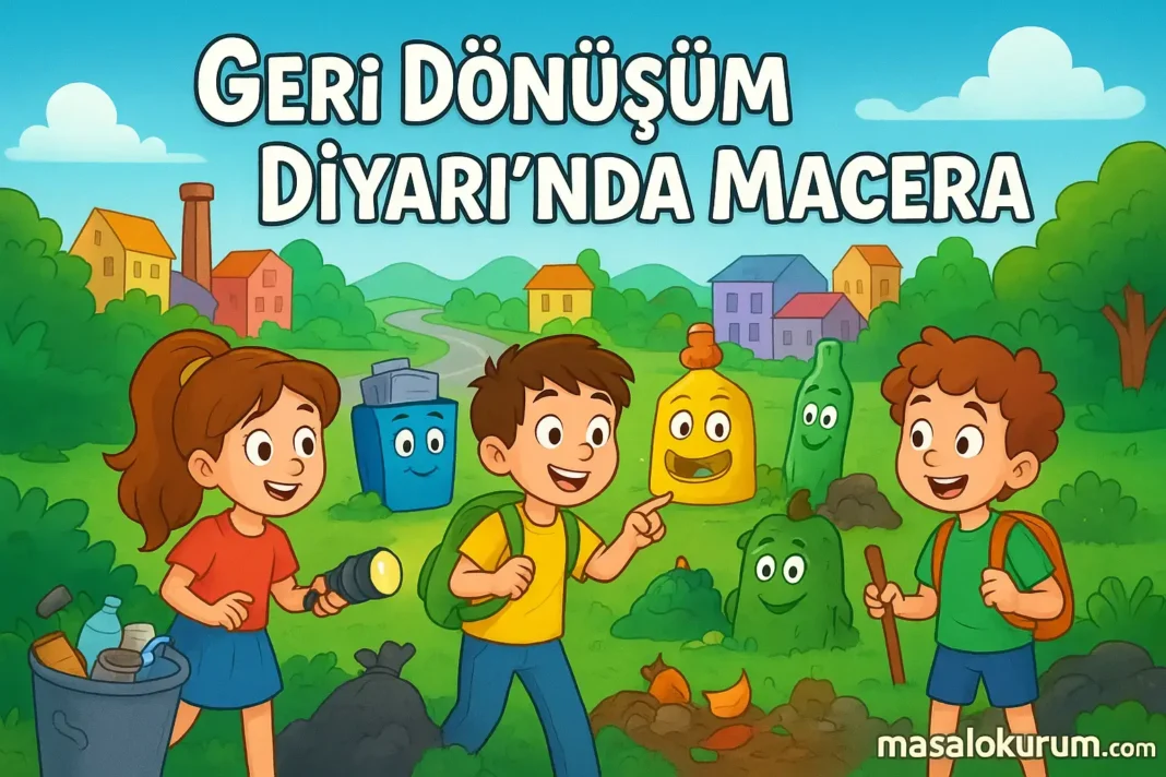 Geri Dönüşüm Diyarı’nda Macera masalı için hazırlanmış çocuk görseli. Üç çocuk, renkli çöp kutuları ve sevimli canavarlarla doğa içinde macera yaşıyor.