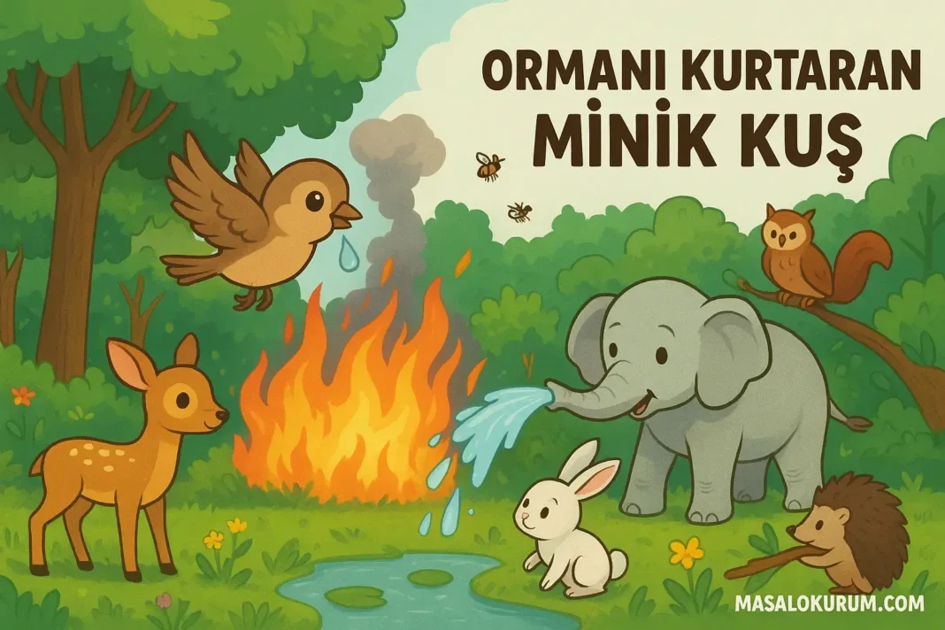 Ormanı kurtaran minik kuş ve hayvanların birlikte yangını söndürmesi - çocuk masalı illüstrasyonu