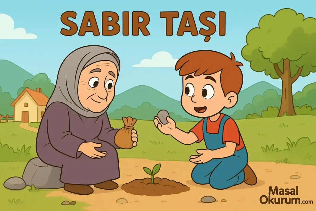 Sabır Taşı masalında Bilge Nine’nin küçük bir çocuğa sabrı öğrettiği çizgi film tarzı görsel.