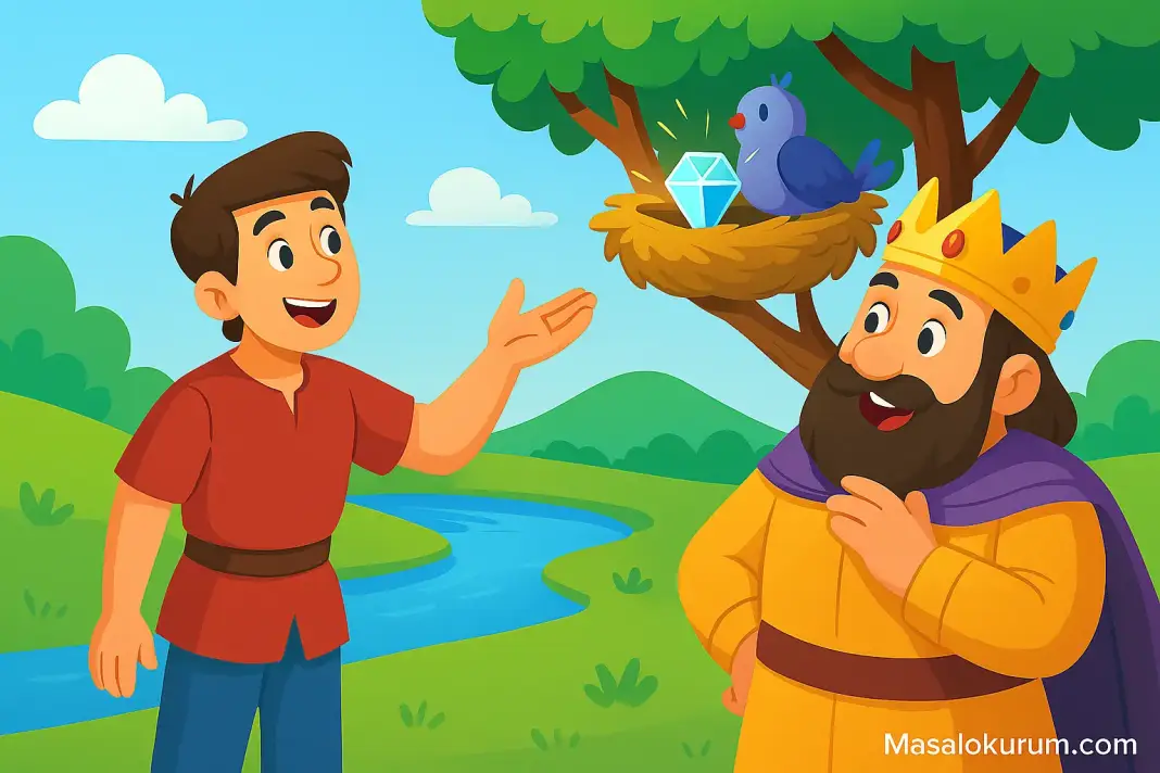 Bilge İhtiyar Masalı Genç delikanlı ve padişah yan yana. Masaldan bir sahne.