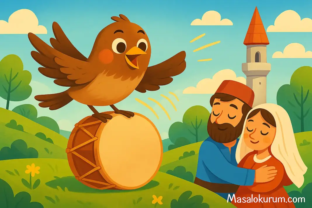 Ayağına Diken Batan Serçe Masalı Neşeli bir masal sahnesinde davulun üstünde şarkı söyleyen bir serçe ve arka planda birbirine sarılan bir çift.