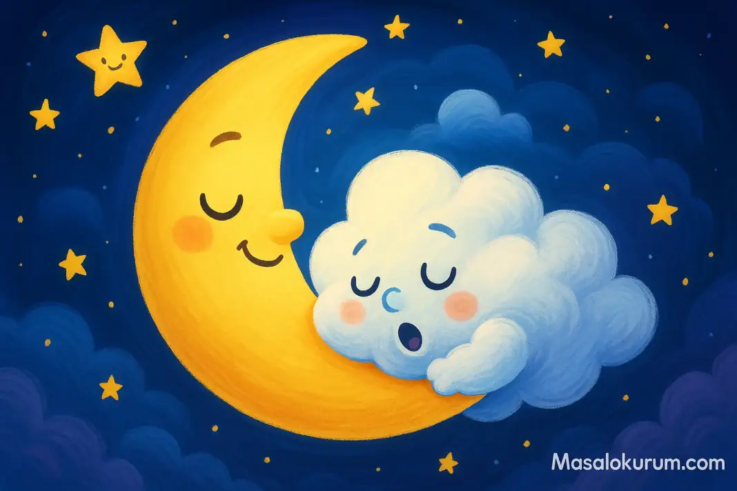 Minik Ay ve Uykucu Bulut Masalı Minik Ay ve Uykucu Bulut gökyüzünde parlayan yıldızlar arasında uyurken.