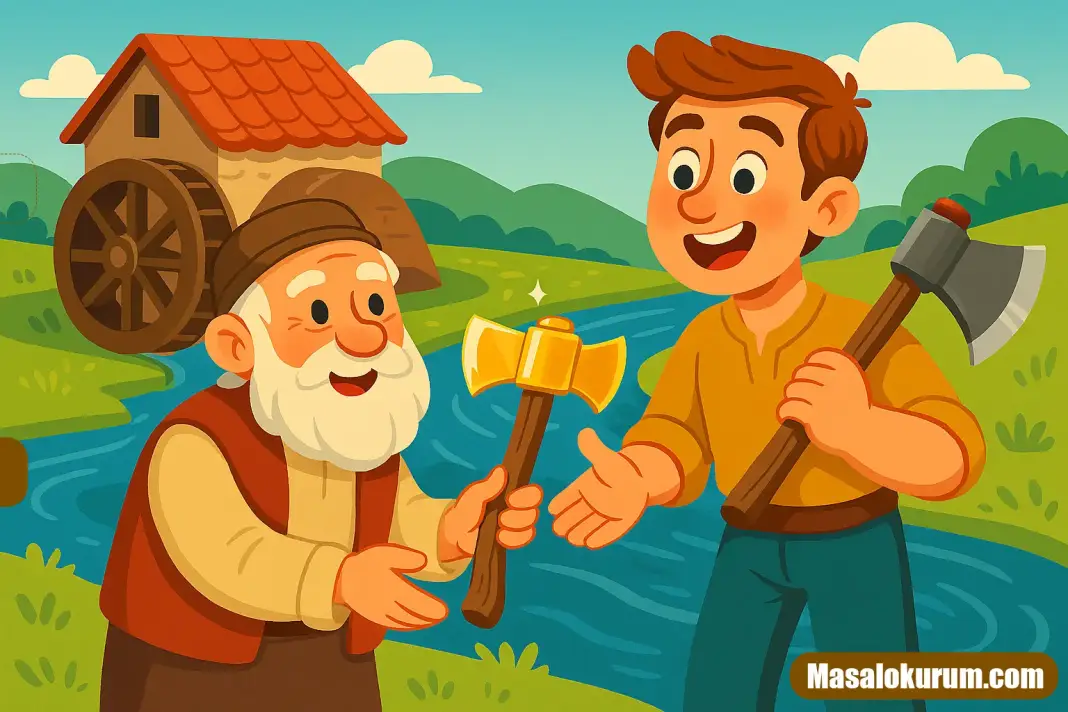 Sihirli Altın Balta Masalı Yaşlı değirmencinin altın baltayı suyun içinden çıkarıp fakir oduncuya verdiği sahneyi gösteren, renkli ve neşeli çocuk kitabı tarzında masal illüstrasyonu.