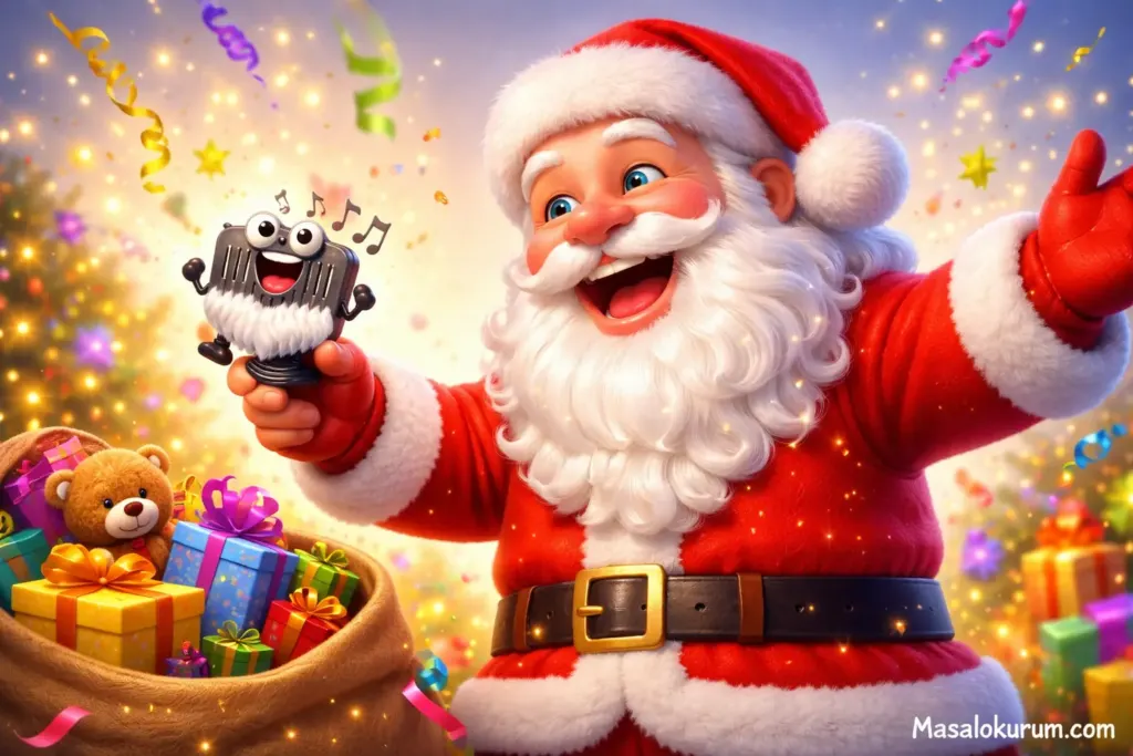 Sade arka plan önünde neşeyle gülümseyen Noel Baba yılbaşı masalı görseli.