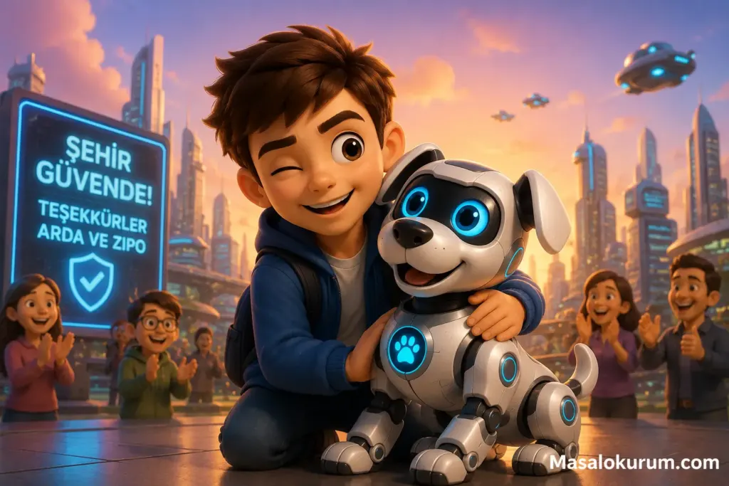 Arda ve robot köpeği şehirde kutlama yapıyor