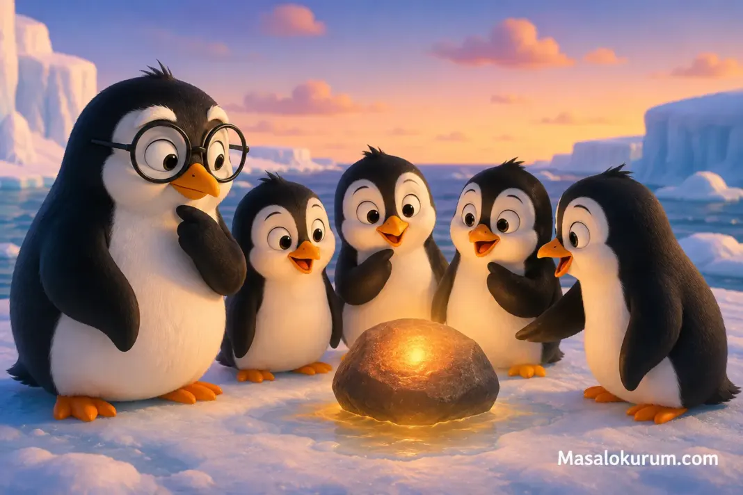 Penguenlerin Sıcak Taşı Masalı Görseli Penguenler gizemli sıcak taşı inceliyor